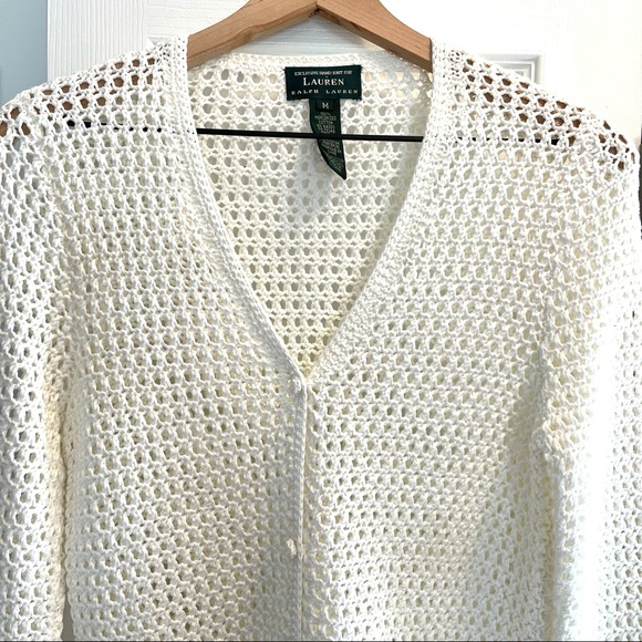 Lauren by Ralph Lauren White Hand Knit Mercerized Cotton Cardigan Size M - Picture 2 of 11